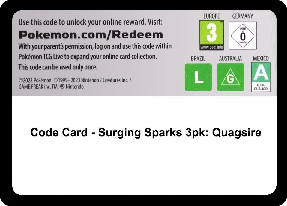Code Card - Surging Sparks 3 Pack Blister [Quagsire]