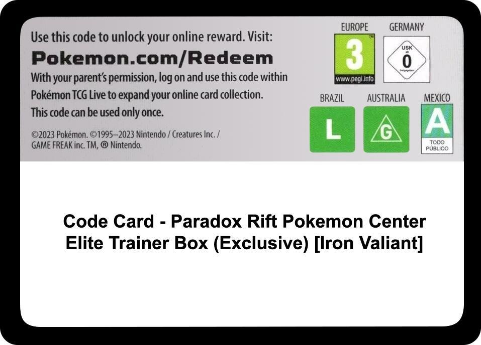 Code Card - Paradox Rift Pokemon Center Elite Trainer Box (Exclusive) [Iron Valiant]